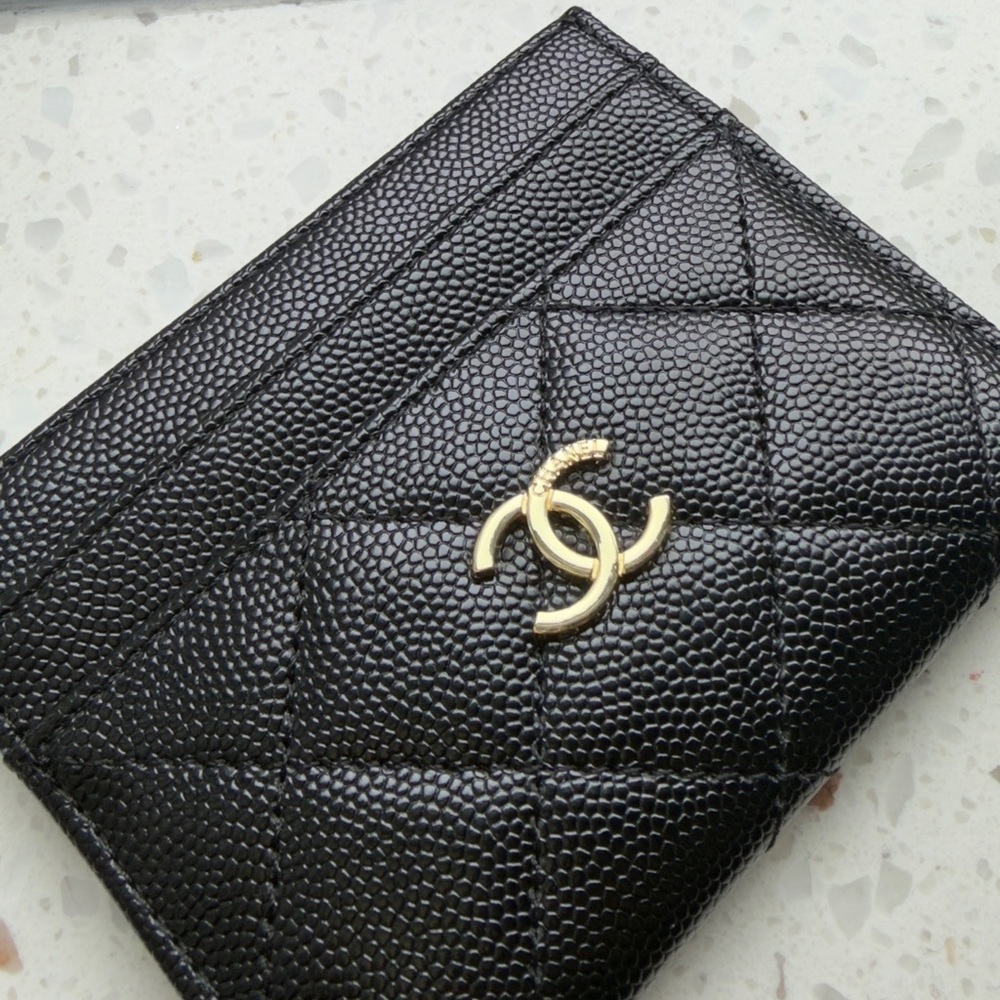 CHANEL Black Textured Leather Card Holder